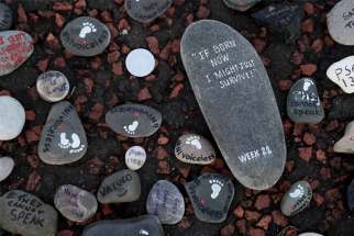 Stones placed by pro-life supporters are part of a silent demonstration Nov. 30, 2019, in Belfast, Northern Ireland. The Catholic bishops of Northern Ireland have asked the U.K. government to include a mandatory waiting period for women who request abortions under a new law.