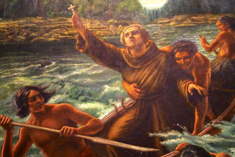 Franciscan Friar Nicolas Viel and a young Huron convert, Ahuntsic, were murdered at what is known today as Sault au Recollect in this painting. They are considered the first Canadian martyrs, dying 17 years before St. René Goupil, the first Jesuit martyred for his faith.