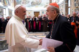 Pope Francis greets Cardinal Stanislaw Rylko, retired president of the Pontifical Council for the Laity, during a late June meeting at the Vatican. Pope Francis has named Cardinal Rylko archpriest of the Rome Basilica of St. Mary Major, the Vatican announced. He replaces Cardinal Santos Abril Castello.