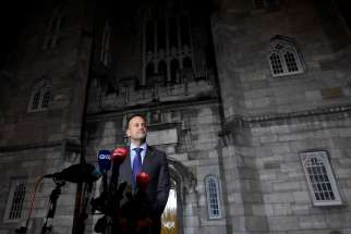 Irish Prime Minister Leo Varadkar speaks to media at the central count center in Dublin Castle Oct. 27, 2018, about results of that year&#039;s Irish presidential election and a blasphemy referendum. In 2024, voters will have to decide on a proposed referendum to the constitution to provide for a wider concept of family and also delete a provision on the role of stay-at-home mothers in favor of recognizing overall caregiving.