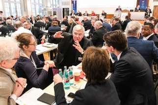 Auxiliary Bishop Karlheinz Diez of Fulda speaks Jan. 31, 2020, with synodal assembly participants in Frankfurt.