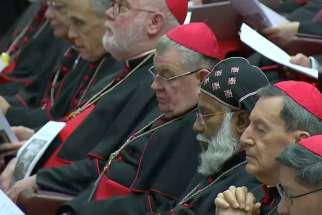 Prelates are seen during the opening session of the meeting on the protection of minors at the Vatican in this screen grab taken from video Feb. 21, 2019. Second from left is Cardinal Daniel N. DiNardo of Galveston-Houston, president of the U.S. Conference of Catholic Bishops.