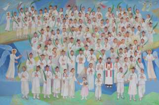 A portrait of Paul Yun Ji-chung and 123 martyred companions at their beatification Mass Aug. 16, 2014. More than 200 Korean martyrs are being considered for beatification.