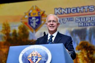 Carl Anderson, CEO of the Knights of Columbus, smiles as he addresses attendees Aug. 6 at the 137th annual Knights convention in Minneapolis.