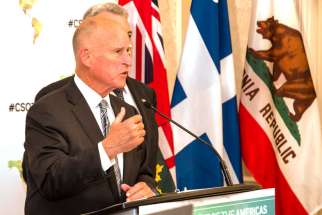 California governor Jerry Brown said there is a responsibility to keep the environment safe for future generations. Brown warned that if humans were to continue damaging the environment, millions will suffer and die. He is pictured in Toronto speaking at the Climate Summit of the Americas July 8.