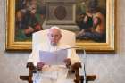 Pope Francis speaks during his general audience as it is livestreamed from the library of the Apostolic Palace at the Vatican April 1, 2020.