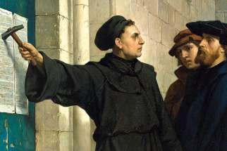 Martin Luther posts his 95 theses in Wittenburg in this painting by Ferdinand Pauwels.