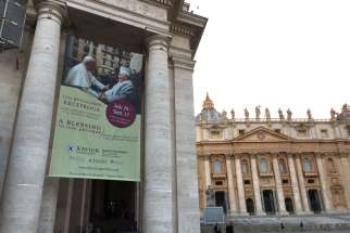 A banner over the entrance to the Vatican&#039;s Braccio Di Carlo Magno hall announces the opening of the exhibit, &quot;A Blessing to One Another: Pope John Paul II and the Jewish People.&quot;