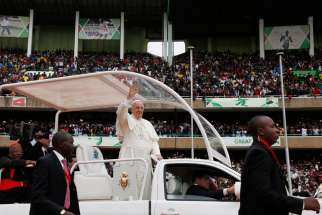 Pope Francis arrives for a meeting with youths at Kasarani Stadium in Nairobi, Kenya, Nov. 27.