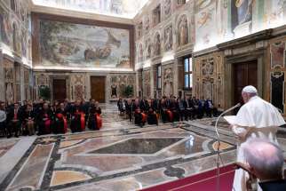 Pope Francis arrives for a meeting with members and consultants of the Dicastery for Laity, the Family and Life in the apostolic palace of the Vatican Nov. 16, 2019. The dicastery was holding its first plenary assembly since its creation in 2016.