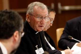 Cardinal Pietro Parolin, Vatican secretary of state, speaks at the United Nations Sept. 27, 2019, during a high-level panel discussion on the future of persecuted Christians.