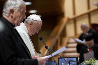 Jesuit Father Federico Lombardi and Pope attend the third day of the meeting on the protection of minors in the church at the Vatican Feb. 22, 2019. 