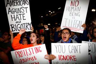 Demonstrators protest outside City Hall in Los Angeles Nov. 10 following President-elect Donald Trump&#039;s victory in the Nov. 8 election.
