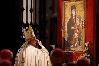 Pope Francis venerates a Marian image outside the Basilica of St. Mary Major in Rome in this May 26, 2016, file photo. The Pope has instituted a new Marian feast honoring Mary as mother of the church. It will be celebrated every year on the Monday after Pentecost.