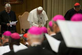 Pope Francis prays Feb. 22, 2019, the second day of the Vatican meeting on the protection of minors. 