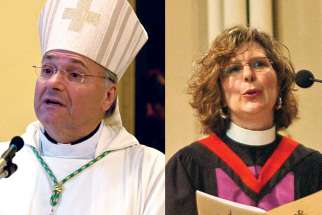 Archbishop Anthony Mancini of Halifax-Yarmouth, left, says the CCCB is still involved in social justice, including staying as a member of the Canadian Council of Churches, which is led by executive director Rev. Karen Hamilton, right.