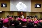 Pope Francis and members of the Synod of Bishops on the family pray at the synod’s opening session Oct. 5. 