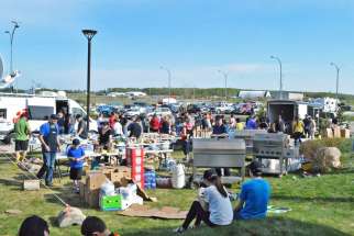 Donated items for evacuees of Fort McMurray set up outside Lac La Biche&#039;s evacuation centre on May 7.