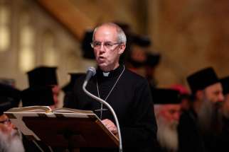 Anglican Archbishop Justin Welby of Canterbury, England, spiritual leader of the Anglican Communion, speaks during an ecumenical prayer service with Pope Francis and other religious leaders in the Basilica of St. Francis in Assisi, Italy, Sept. 20.