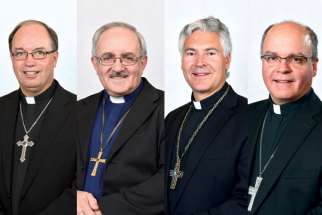 Archbishop Valéry Vienneau, Auxiliary Bishop Denis Grondin, Archbishop Murray Chatlain and Auxiliary Bishop Daniel Miehm.