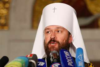 Metropolitan Hilarion of Volokolamsk, head of external relations for the Russian Orthodox Church, speaks during an Oct. 15 news conference in Minsk, Belarus. He announced the Russian Orthodox Church was severing ties with the Ecumenical Patriarchate of Constantinople. 