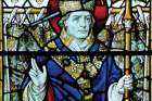 A stained glass window of St. Thomas Becket at St. Alban’s Cathedral in St. Albans, England.