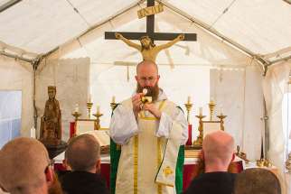 The Rev. Benedict Nivakoff says Mass in September 2016. The American monk is looking to the future after St. Benedict&#039;s basilica in Norcia was destroyed by an earthquake Oct. 30.