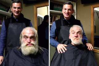 Hairdresser Alexandre Legere shows off the before and after for Glenn, a homeless man who was gettting his first haircut in more than a year. 