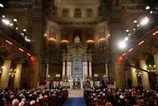 Pope Francis visits the main synagogue in Rome Jan. 17. 