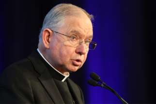 Archbishop Jose H. Gomez of Los Angeles, vice president of the U.S. Conference of Catholic Bishops, speaks on the first day of the spring general assembly of the USCCB in Baltimore June 11, 2019.