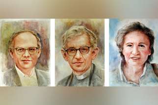 Xavier Missionary Fathers Ottorino Maule and Aldo Marchiol are pictured in a composite photo with lay volunteer Catina Gubert. An investigation into the sainthood cause of the three missionary martyrs killed in Burundi opened June 21, 2019.
