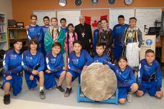 Members of the Buffalo Boys drum corps from Mother Teresa Middle School with Superior General of the Jesuits, Fr. Arturo Sosa. 