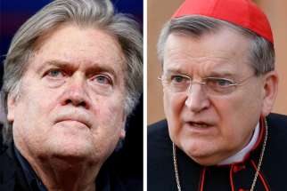 Stephen Bannon, former White House chief strategist, and U.S. Cardinal Raymond L. Burke are seen in this composite photo. Cardinal Burke is honorary president of the institute and Bannon is a patron and member of the board of trustees. 