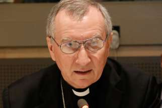 Cardinal Pietro Parolin, Vatican secretary of state, speaks during a high-level side event Sept. 19 at the United Nations on the role of religious organizations in responding to the ongoing refugee and migration crisis affecting many areas of the world.