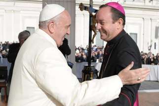 Pope Francis greets Bishop Gustavo Zanchetta in Rome. 