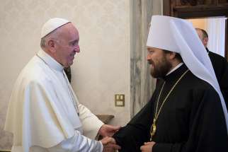 Pope Francis greets Metropolitan Hilarion of Volokolamsk, head of external relations for the Russian Orthodox Church, during a private meeting in 2016 at the Vatican. A prominent Catholic ecumenist has urged a better understanding of the Russian Orthodox Church.