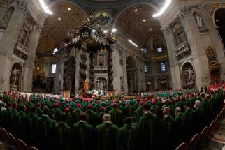 The 270 cardinals, priests and priests who are voting members of the Synod of Bishops on the family concelebrated the synod’s opening Mass Oct. 4 with Pope Francis in St. Peter’s Basilica.