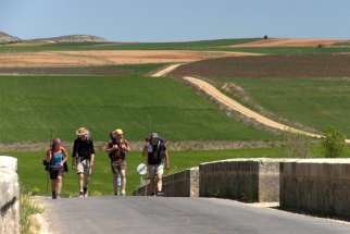 Pilgrims hiking from southern France to Santiago de Compostela, Spain.