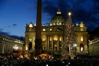 The Christmas tree sparkles after a lighting ceremony in St. Peter&#039;s Square at the Vatican Dec. 5, 2019.
