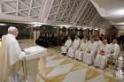 Pope Francis gives the homily as he celebrates morning Mass in the chapel of his residence, the Domus Sanctae Marthae, at the Vatican Oct. 15, 2019. The pope, in his homily, said Christians must avoid hypocrisy by scrutinizing and acknowledging their own faults and sins.