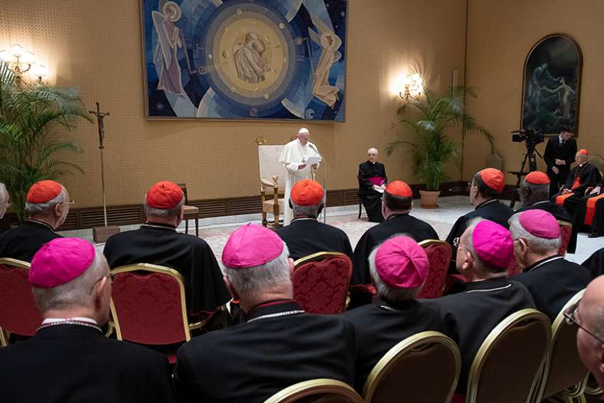 Pope Francis speaks to members of the Congregation for Divine Worship and the Sacraments during their plenary meeting at the Vatican Feb. 14, 2019. The pope urged the congregation to promote a love of and appreciation for the liturgy, avoiding &quot;sterile ideological polarizations&quot; and attitudes that would view the Mass as a place for &quot;do-it-yourself&quot; adaptations. 