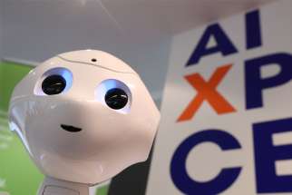 A robot equipped with artificial intelligence is seen at the AI Xperience Center at the Vrije Universiteit Brussel in Brussels Feb. 19, 2020. The use of artificial intelligence in science and medicine must be guided by ethical standards that place humanity and the pursuit of the common good first, Pope Francis said Feb. 28 in a message to participants in the general assembly of the Pontifical Academy for Life at the Vatican.
