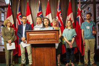 Health care professionals descended on Queen’s Park May 18, 2017 in support of a Progressive Conservative private member’s bill regarding conscience rights. From left to right: Dr. Jane Dobson, pharmacist James Brown, Dr. Doug Mark, Dr. Kulvinder Gill, nurse Helen McGee, medical student Lauren Mai and Dr. Stephen Vanderklippe.