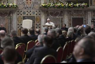 Pope Francis speaks during the European Union summit at the Vatican March 24.