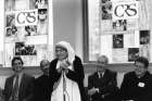 In this 1996 black-and-white file photo, Blessed Teresa of Kolkata visits Catholic Relief Services headquarters in Baltimore, Md, accompanied by Ken Hackett, second from right, U.S. ambassador to the Holy See and former president of CRS, and Sean Callahan, left, and and Bishop John H. Ricard, second from left, of Pensacola-Tallahassee, Fla.