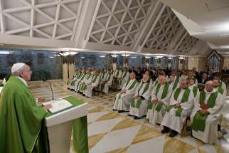 Pope Francis celebrates Mass in the chapel of his Vatican residence, the Domus Sanctae Marthae, Sept. 19, 2019. In his homily, the pope spoke about ordained ministry as a gift from God, not a job.