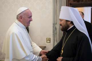 Pope Francis greets Metropolitan Hilarion of Volokolamsk, head of external relations for the Russian Orthodox Church, at the Vatican Sept 15. Between Sept. 15-22 leading Catholic and Orthodox bishops will come together in Italy to discuss key issues that are keeping their churches apart. 