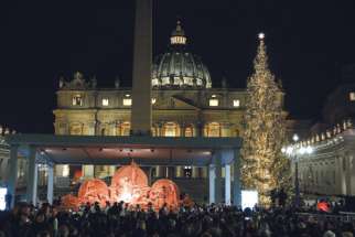The Christmas tree and “Sand Nativity” are seen after a tree-lighting ceremony in St. Peter’s Square at the Vatican Dec. 7. 