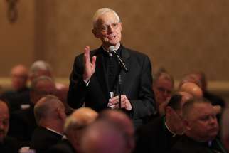 Cardinal Donald W. Wuerl, apostolic administrator of the Washington Archdiocese, speaks from the floor Nov. 13 at the fall general assembly of the U.S. Conference of Catholic Bishops in Baltimore. 