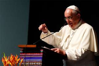 Pope Francis speaks at the second World Meeting of Popular Movements in Santa Cruz, Bolivia, July 9, 2015. Popular movements can spark the change needed to ensure a future that is no longer in the hands of elites and powerful people, but includes the poor, Pope Francis has written in the preface for a book to be published in September.